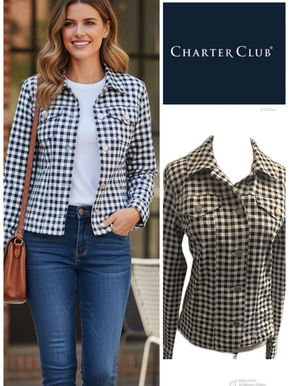 NWT Charter Club Navy Blue Gingham Jean Jacket - Medium